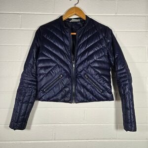 Athleta Womens Navy Blue Down Puffer Jacket Cropped Chevron Quilted Small 242969